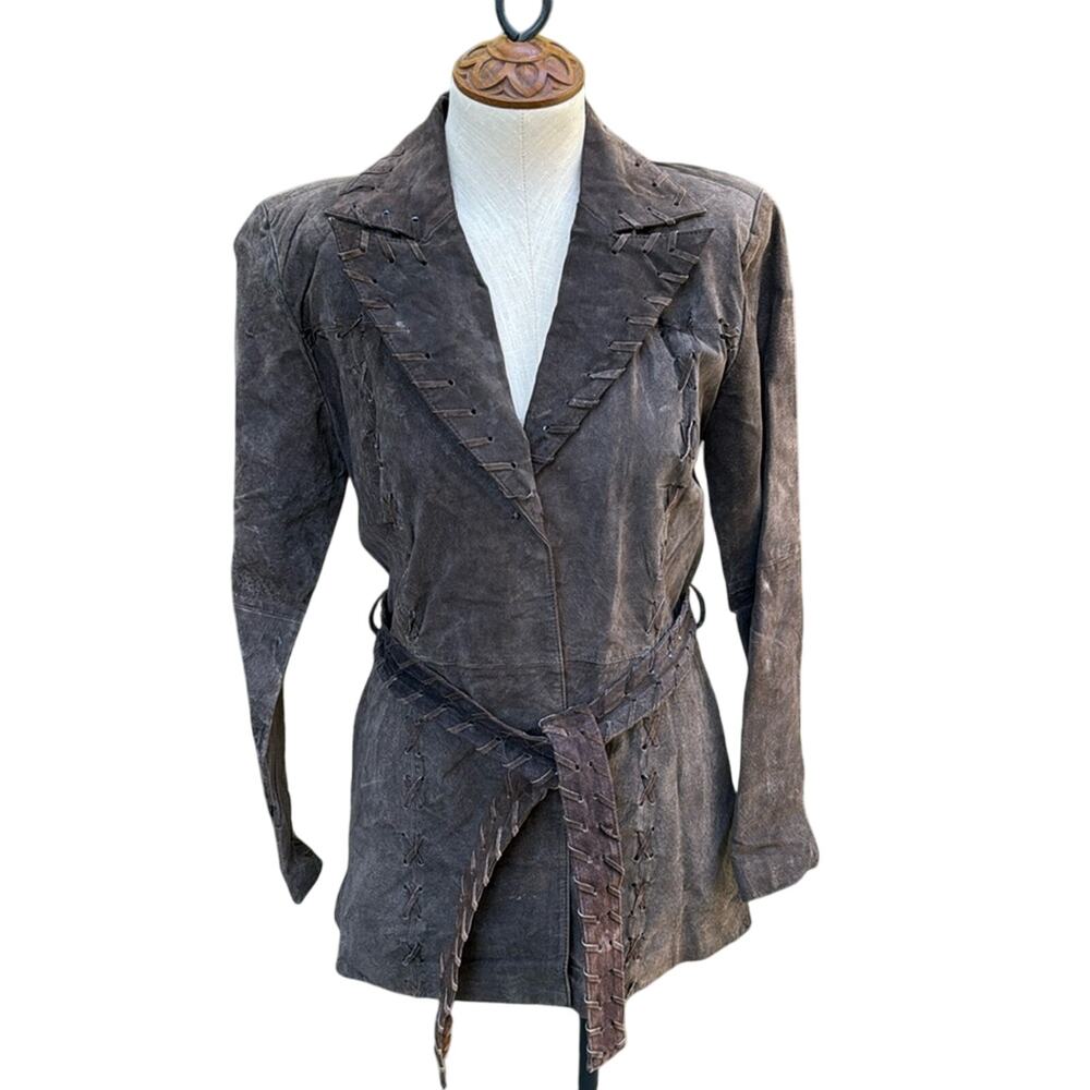 Vtg Y2K Marcelle Renee Brown Suede Leather Whipstitch Trench Coat Women's Small